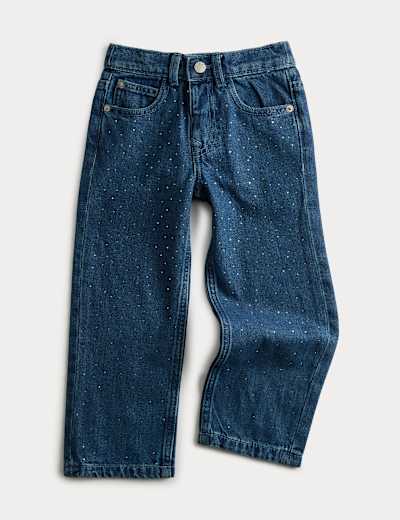 Pure Cotton Denim Diamanté Bow Jeans (2-8 Yrs) | M&S
