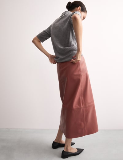Metallic leather midi skirt top