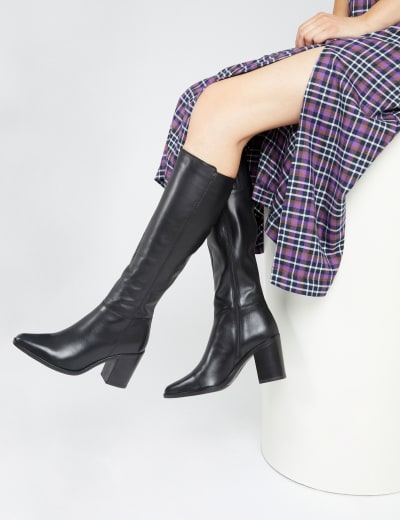 Wide Calf Leather Block Heel Knee High Boots Jones Bootmaker M S