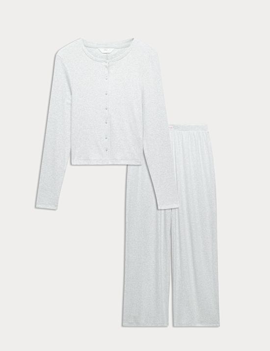 Cotton Rich Ribbed Button Down Pyjama Top & Bottom Set