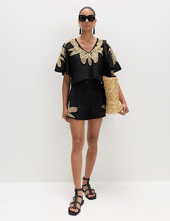 Palm Embroidered Beach Top & Short Set