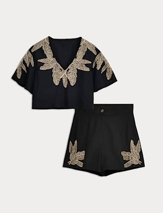 Palm Embroidered Beach Top & Short Set