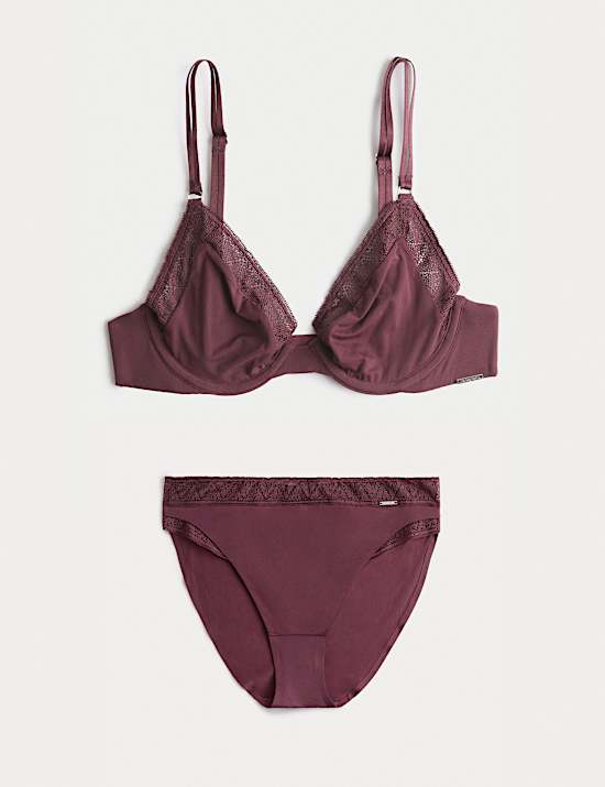 Boston Microfibre Lace Trim Wired Plunge Bra Set