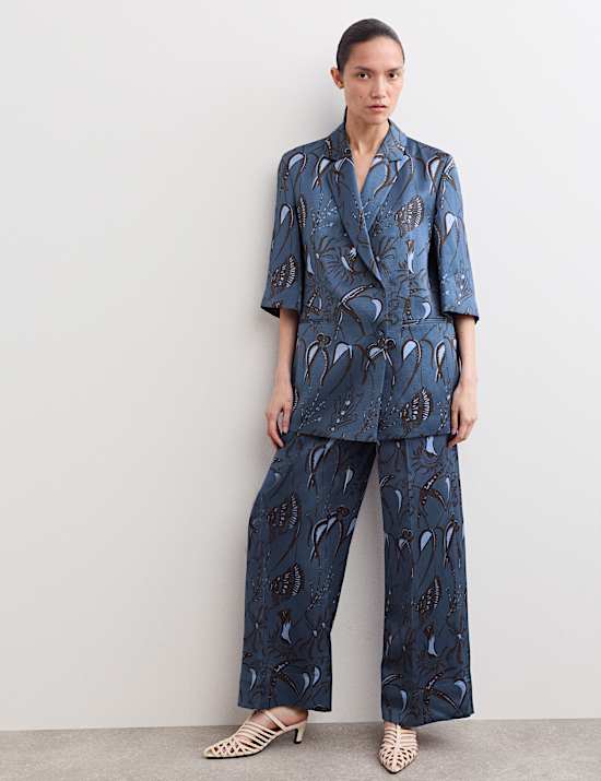 Printed Short Sleeve Longline Blazer & Trouser Set