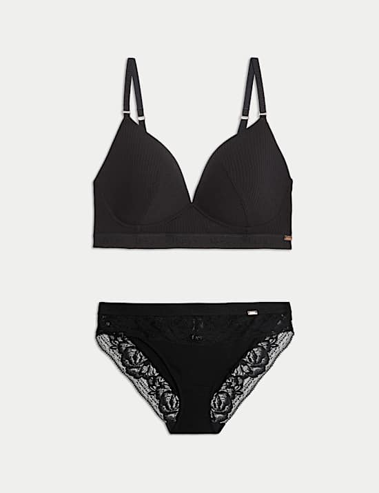 Lounge Rib & Lace Non Wired Plunge Bra Set A-E