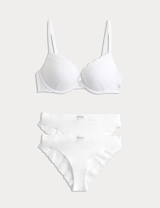 Juni Cotton Rib Wired Push-Up Plunge Bra Set A-E