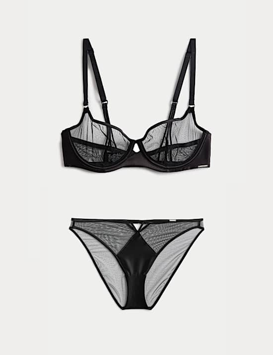 Black Label Satin & Mesh Wired Demi Cup Bra Set A-E