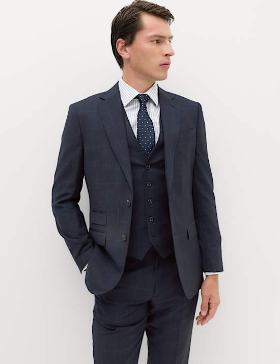 3 Piece Regular Fit Pure Wool Checked Suit
