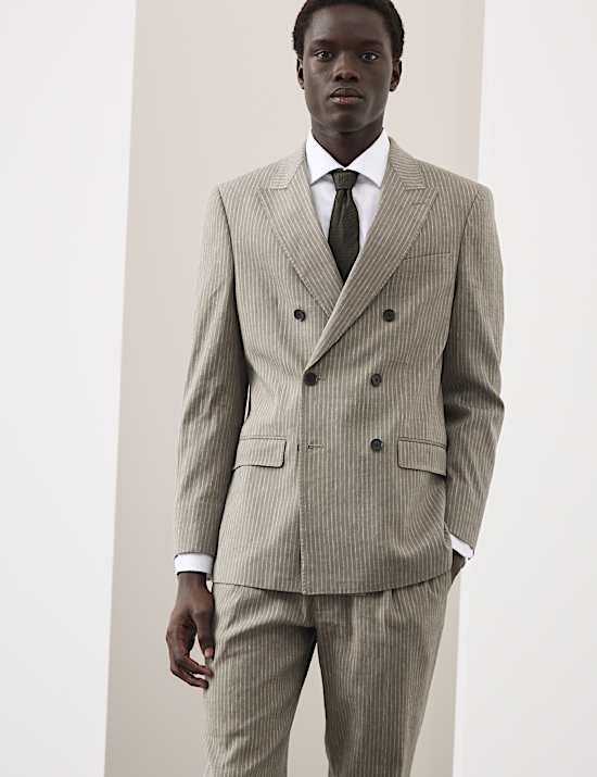 2 Piece Tailored Fit Italian Performance Linen Blend Pinstripe Suit