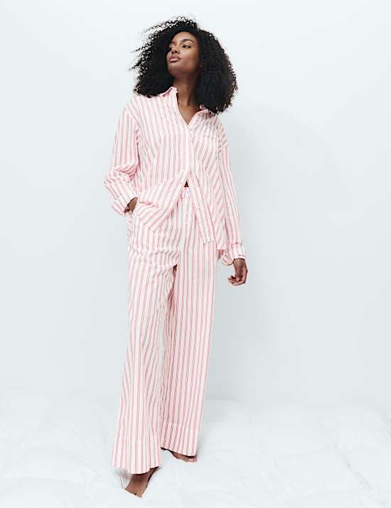 Ensemble pyjama 100 % coton &agrave; rayures chemise & bas