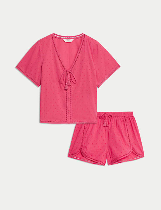 Pure Cotton Dobby Tie Front Pyjama Top Set