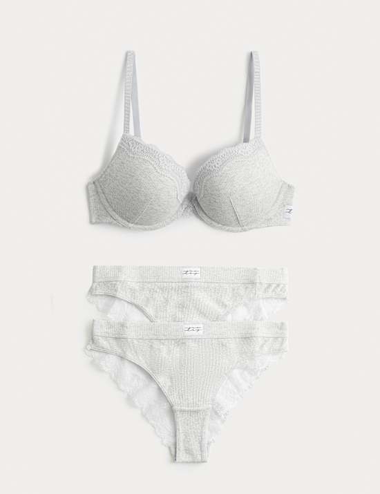 Juni Cotton Rib Wired Push-Up Plunge Bra Set A-E