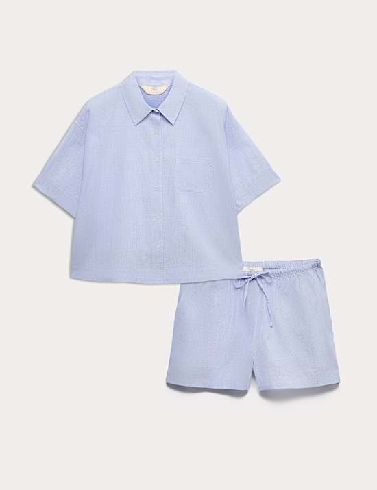 Pure Cotton Woven Stripe Collared Pyjama Top Set