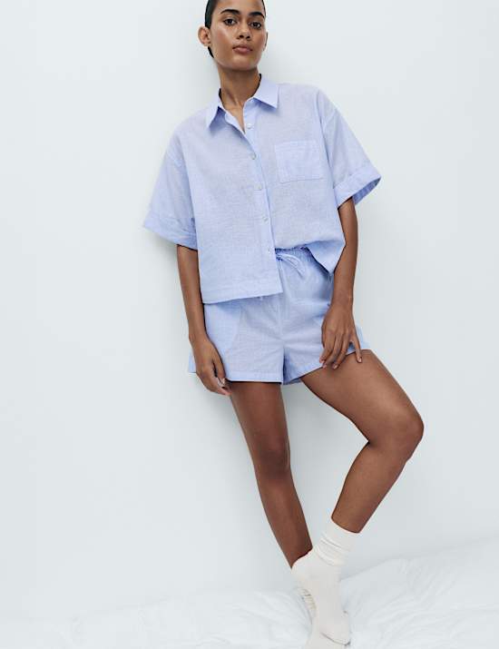 Pure Cotton Woven Stripe Collared Pyjama Top Set