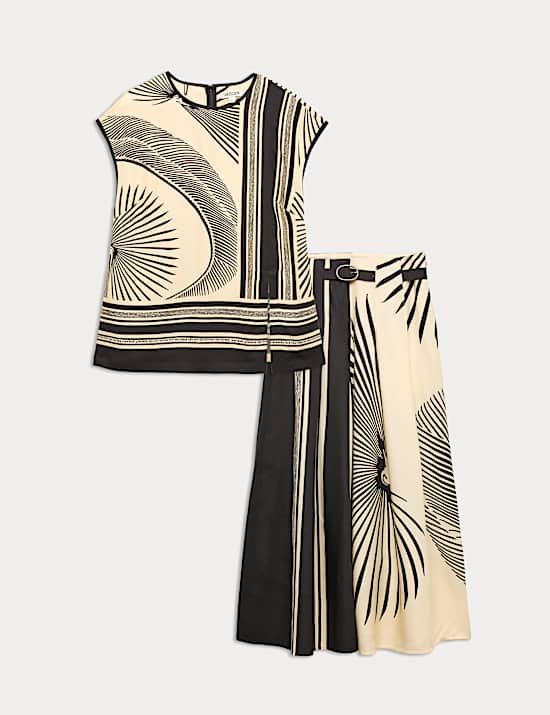 Printed Collarless Top & Trouser Set