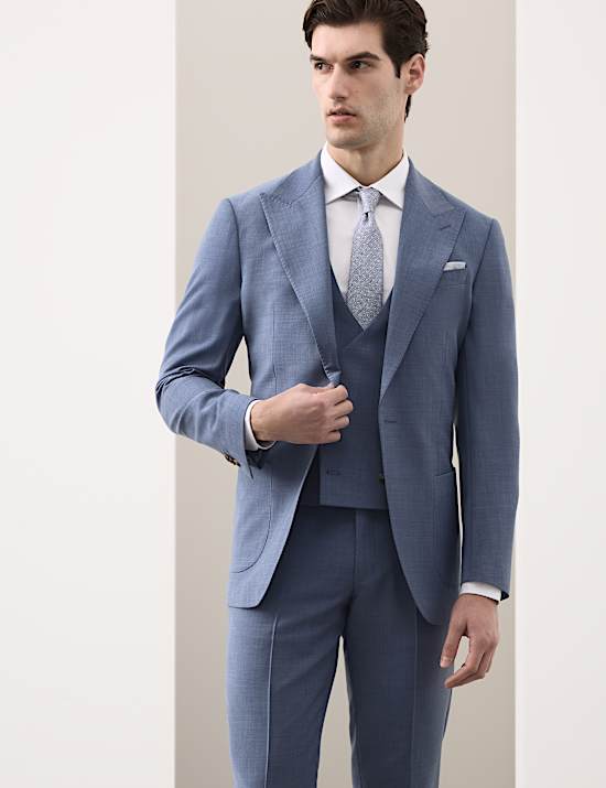 3 Piece Tailored Fit Wool Blend Hopsack Stretch Suit