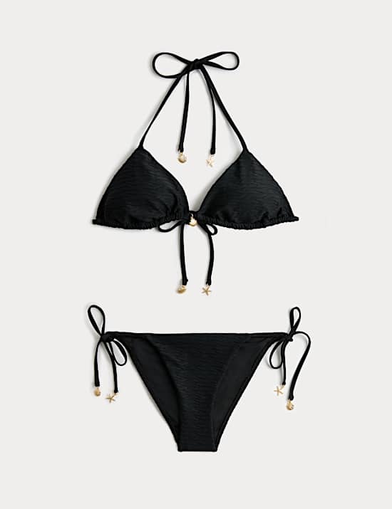 Trim Detail Textured Triangle Bikini Top & Bot Set