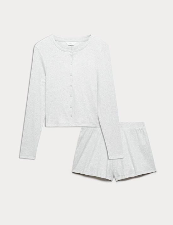 Geripptes Schlafanzugoberteil und Shorts mit hohem Baumwollanteil und Knopfleiste