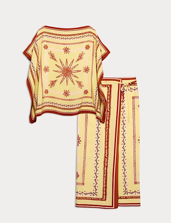 Ensemble imprim&eacute; top & jupe 100 % soie &agrave; encolure bateau