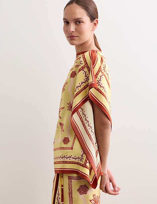 Ensemble imprim&eacute; top & jupe 100 % soie &agrave; encolure bateau