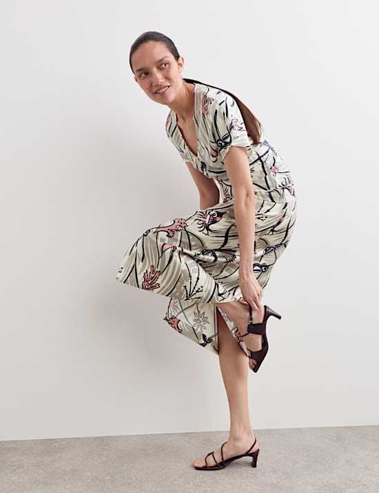 Pure Silk Floral Ruched V-Neck Top & Trouser Set
