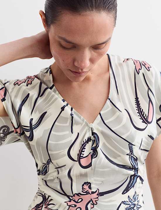 Pure Silk Floral Ruched V-Neck Top & Trouser Set