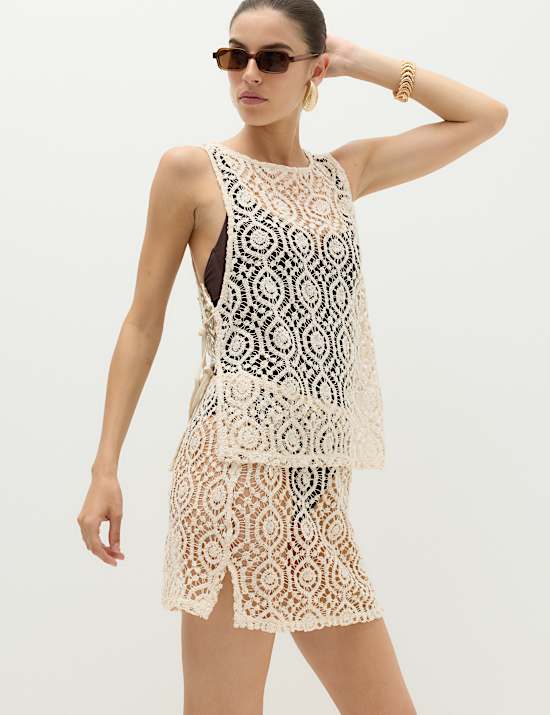 Open Textured Sleeveless Beach Top & Skirt Set
