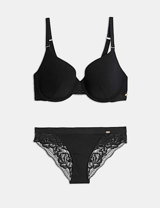 Rib & Lace Wired Full Cup Lounge Bra Set A-E