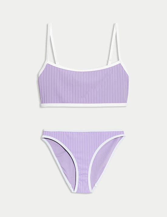 Ribbed Contrast Tipping Scoop Neck Bikini Set