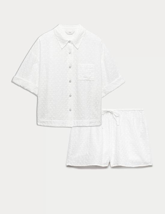 Pure Cotton Broderie Short Sleeve Pyjama Shirt Set