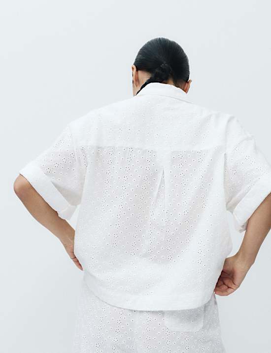 Pure Cotton Broderie Short Sleeve Pyjama Shirt Set