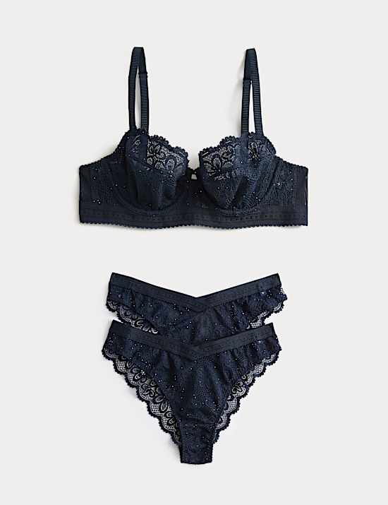 Cleo Sequin Lace Wired Balcony Bra Set A-E