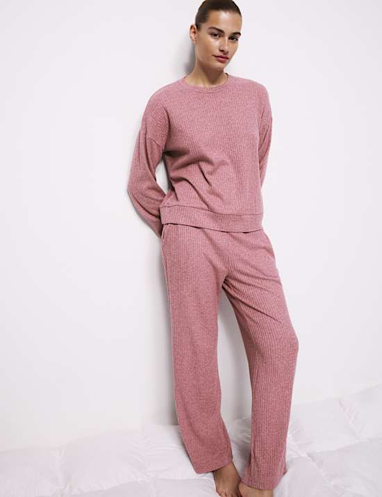 Ribbed Crew Neck Long Sleeve Pyjama Set