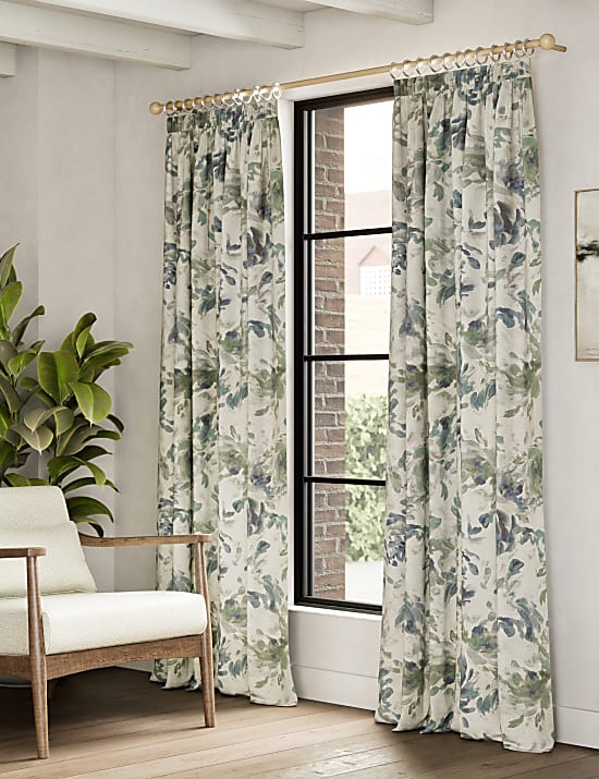Cotton Blend Floral Pencil Pleat Curtains