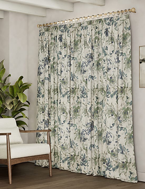 Cotton Blend Floral Pencil Pleat Curtains