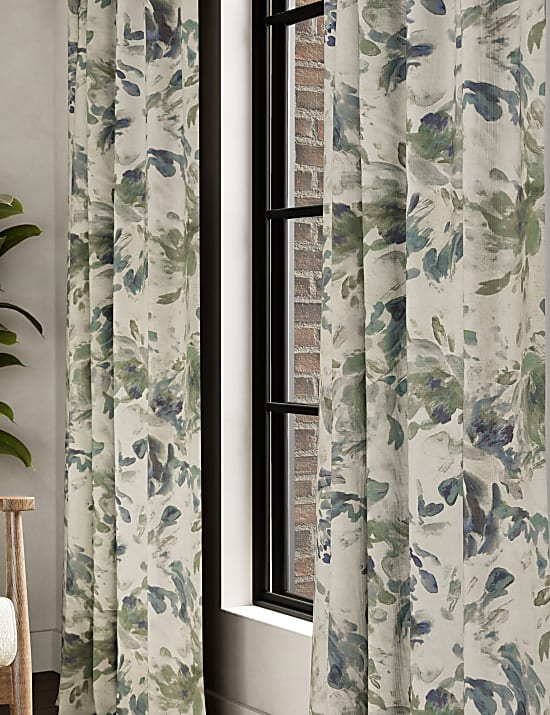 Cotton Blend Floral Pencil Pleat Curtains