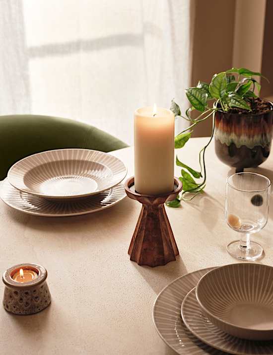 Ridged Wood Tall Pillar Candle Holder