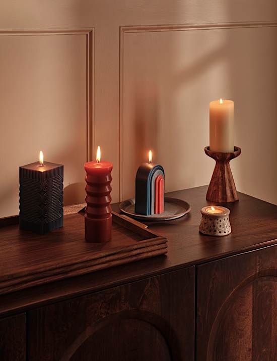 Ridged Wood Tall Pillar Candle Holder