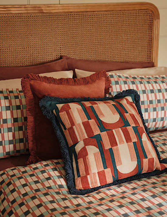 Pure Cotton Geometric Embroidered Fringed Cushion