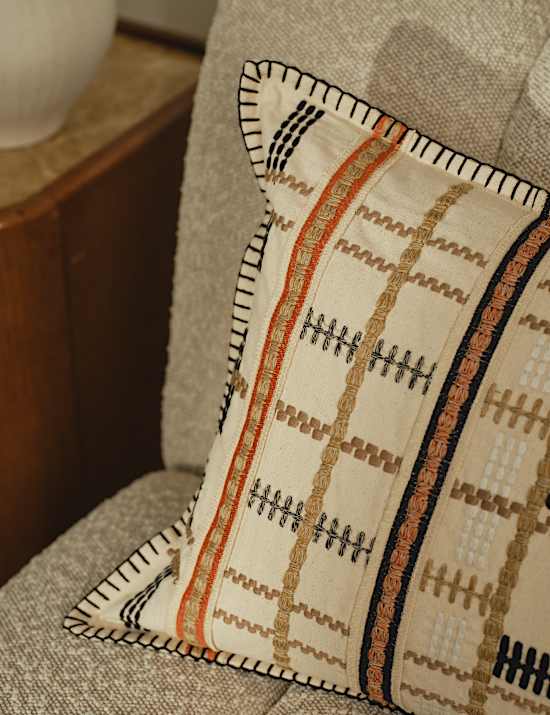 Pure Cotton Grid Embroidered Bolster Cushion