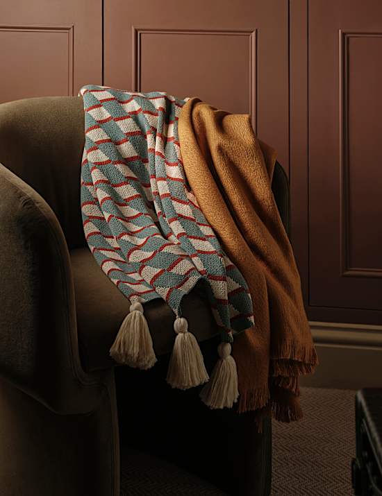 Pure Cotton Geometric Knitted Tassel Throw