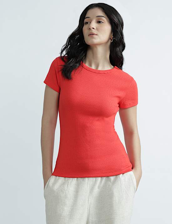 Cotton Rich Round Neck Textured Top