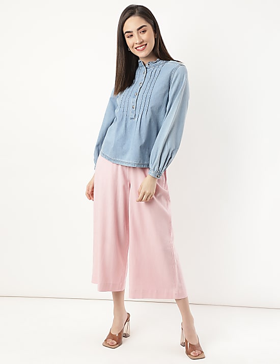 Pure Cotton Pleated Mandarin Collar Top