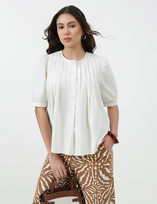 Pure Cotton Pleated Round Neck Top