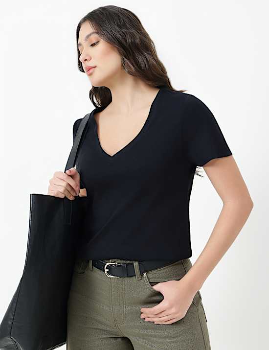 Pure Cotton Plain V-Neck T-shirt