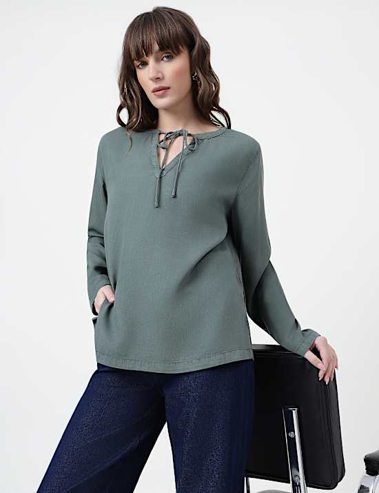 Lyocell Plain Tie-Up Neck Top