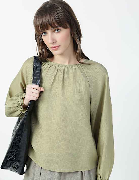 Lyocell Rich Bow Print Round Neck Top