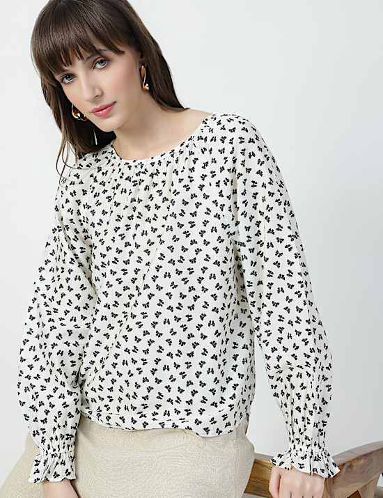 Lyocell Rich Bow Print Round Neck Top