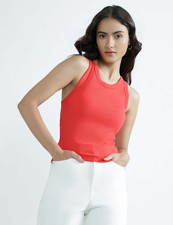 Cotton Rich Round Neck Textured Vest