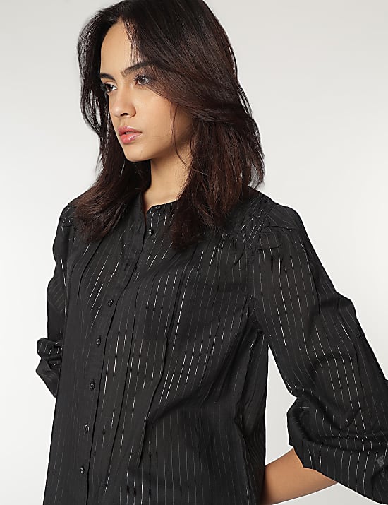 Cotton Modal Mandarin Neck Stripes Shirt